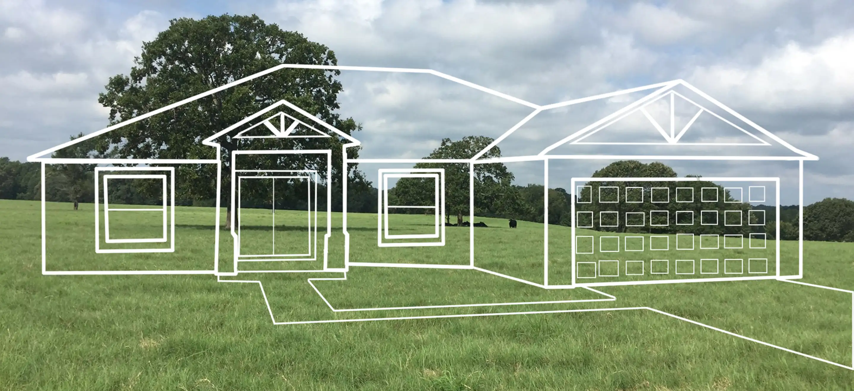 A field of grass with a few trees and blue cloudy sky, overlayed with line art of a house.