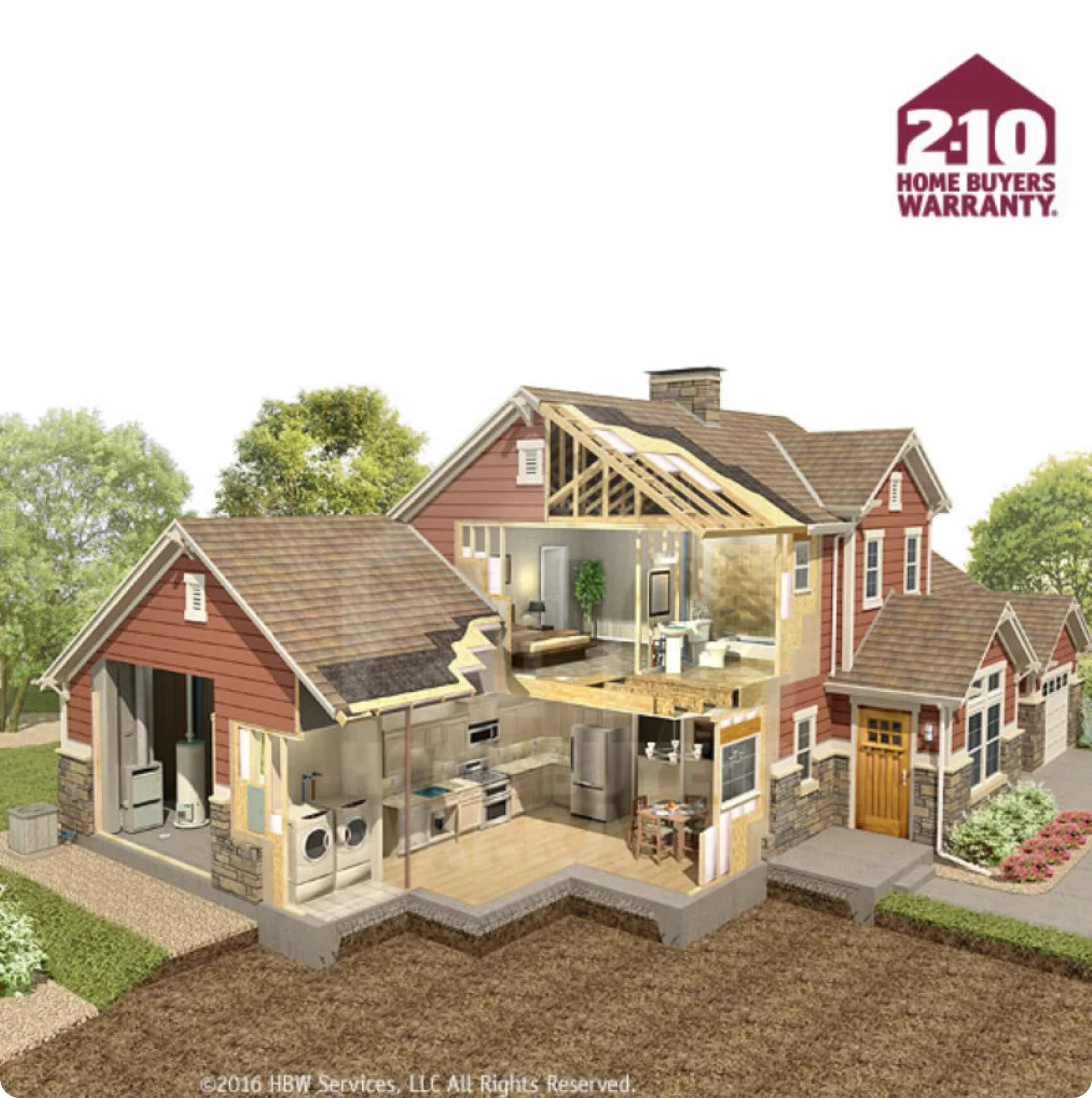 Aerial cross-section view of a 2-story home. Portions of the home are exposed in the rendering to reveal framing, plumbing and layout.